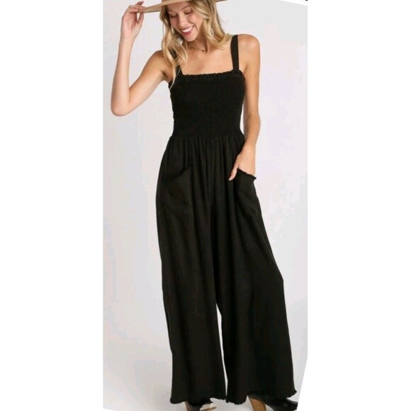 Sleeveless Smock Top Black Linen Blend Wide Leg Jumpsuit Size M - Picture 2 of 6